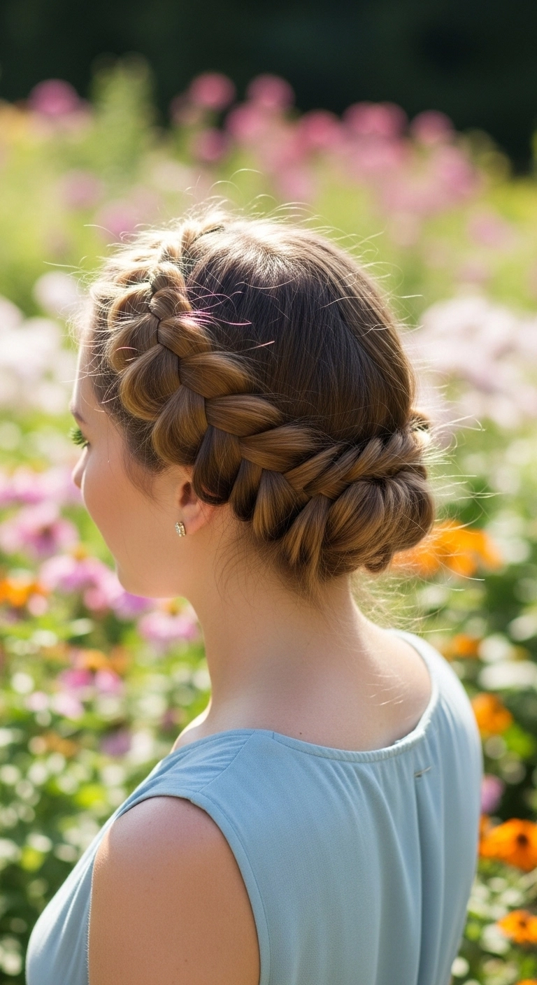 Braided crown hairstyle example showing cute summer hairstyles in a garden.