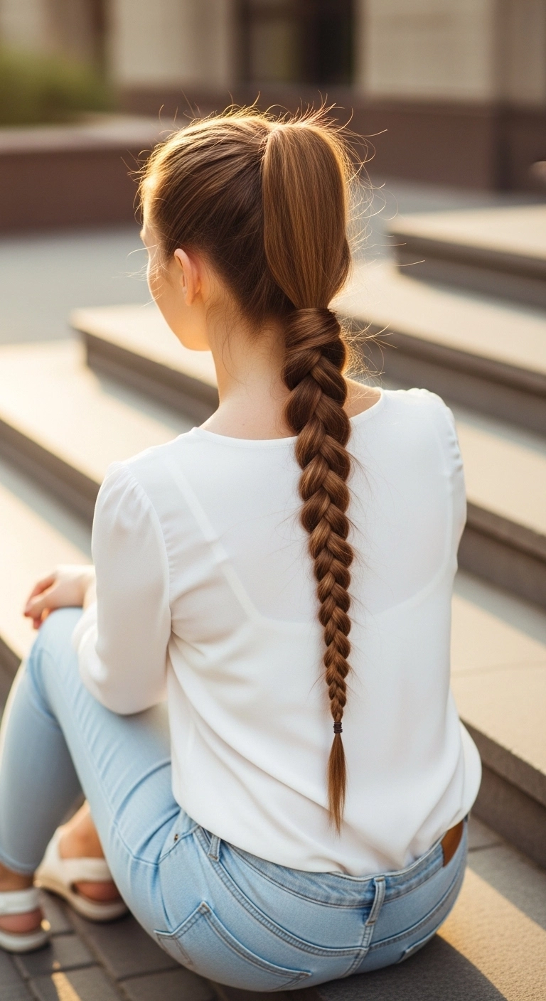 Woman wearing a braided ponytail hairstyle showing a cute summer hairstyles look outdoors.