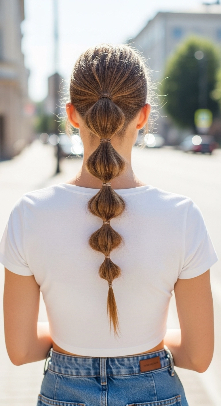 Bubble ponytail hairstyle example showing a trendy cute summer hairstyles look.