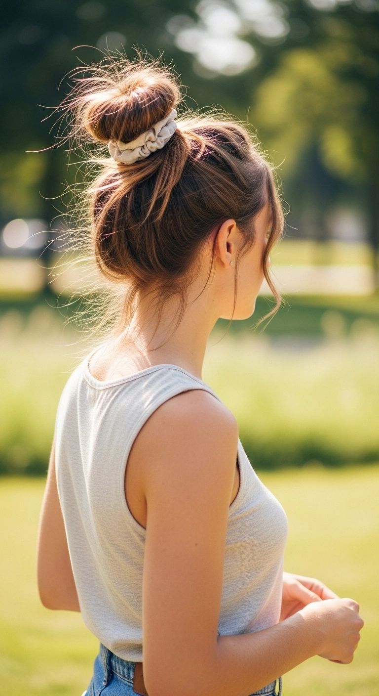 Woman wearing a classic messy bun showing a cute summer hairstyles look on a sunny day outdoors.