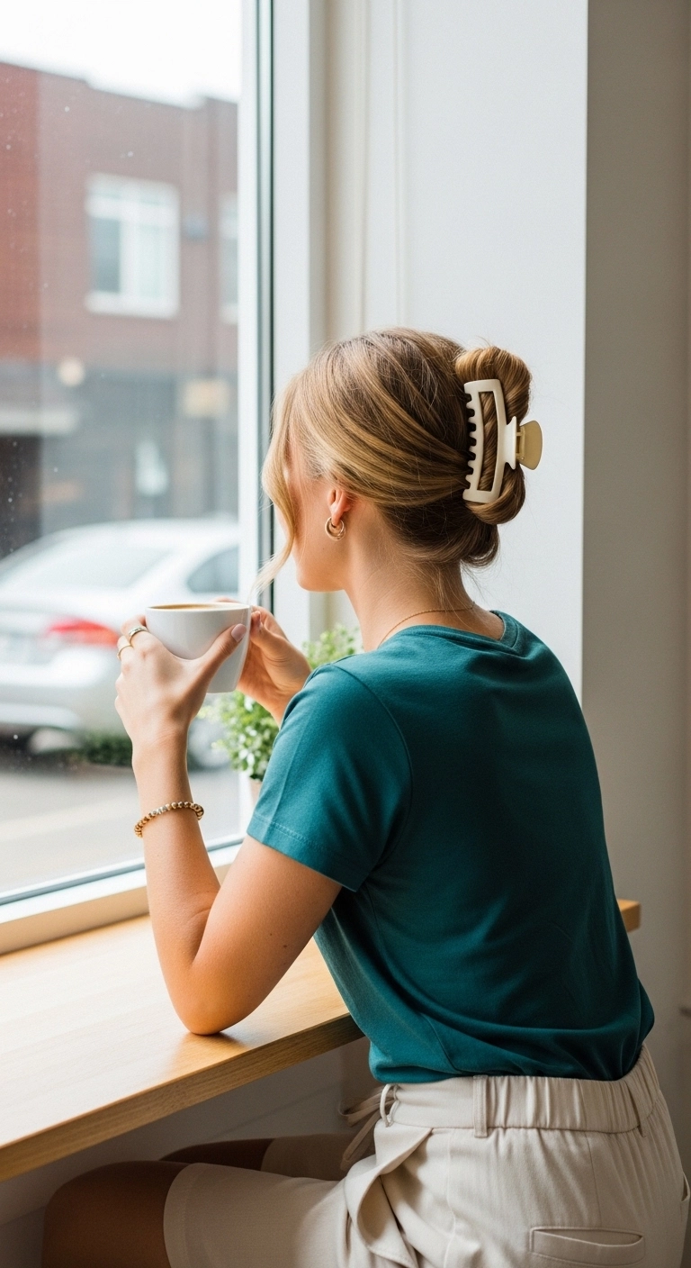 Claw clip twist hairstyle example showing cute summer hairstyles indoors.