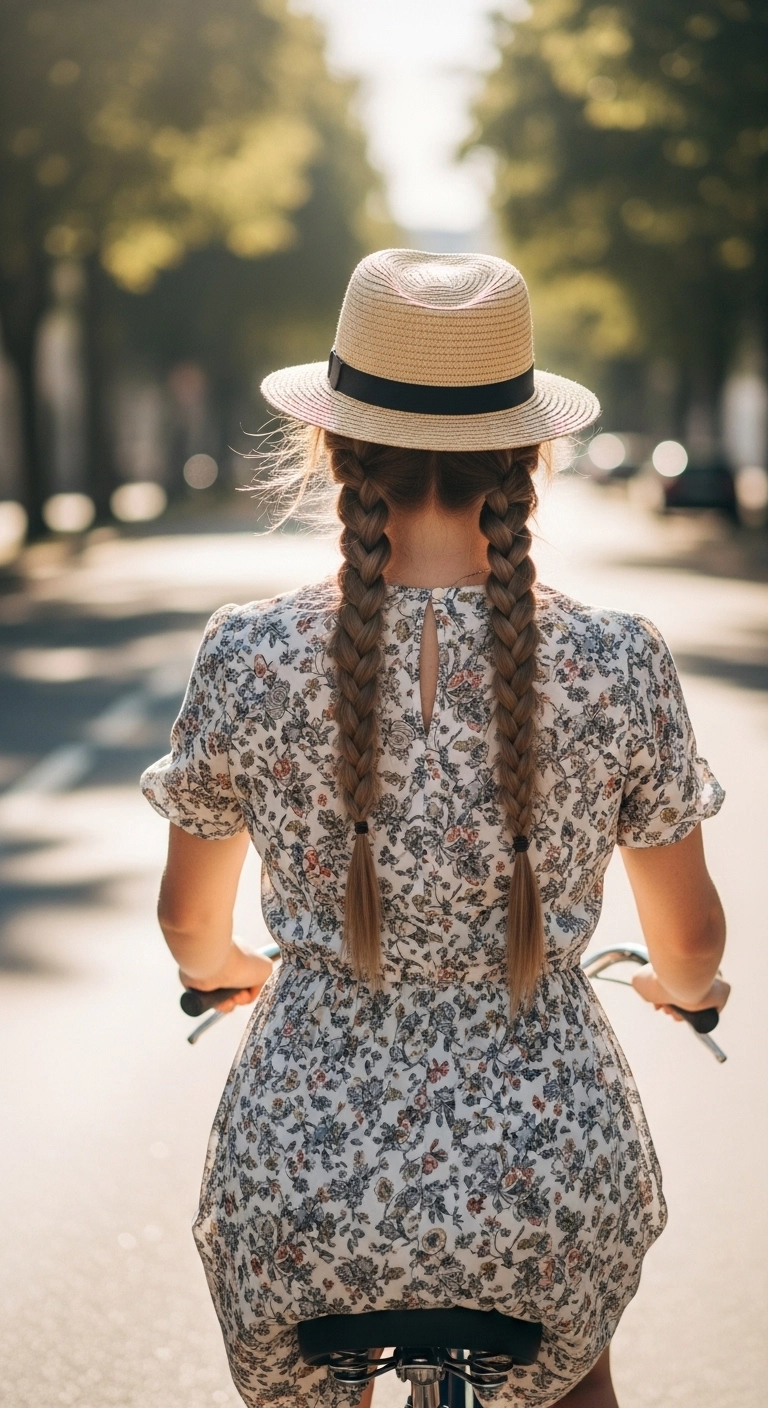 Woman with double braids hairstyle riding a bicycle showing cute summer hairstyles.