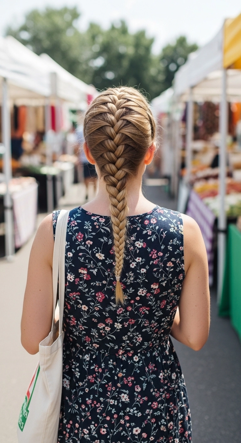 Woman wearing a French braid hairstyle at a market showing cute summer hairstyles.