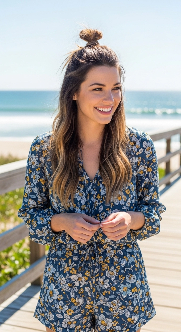 Woman with a half-up top knot hairstyle showing cute summer hairstyles on a beach boardwalk.