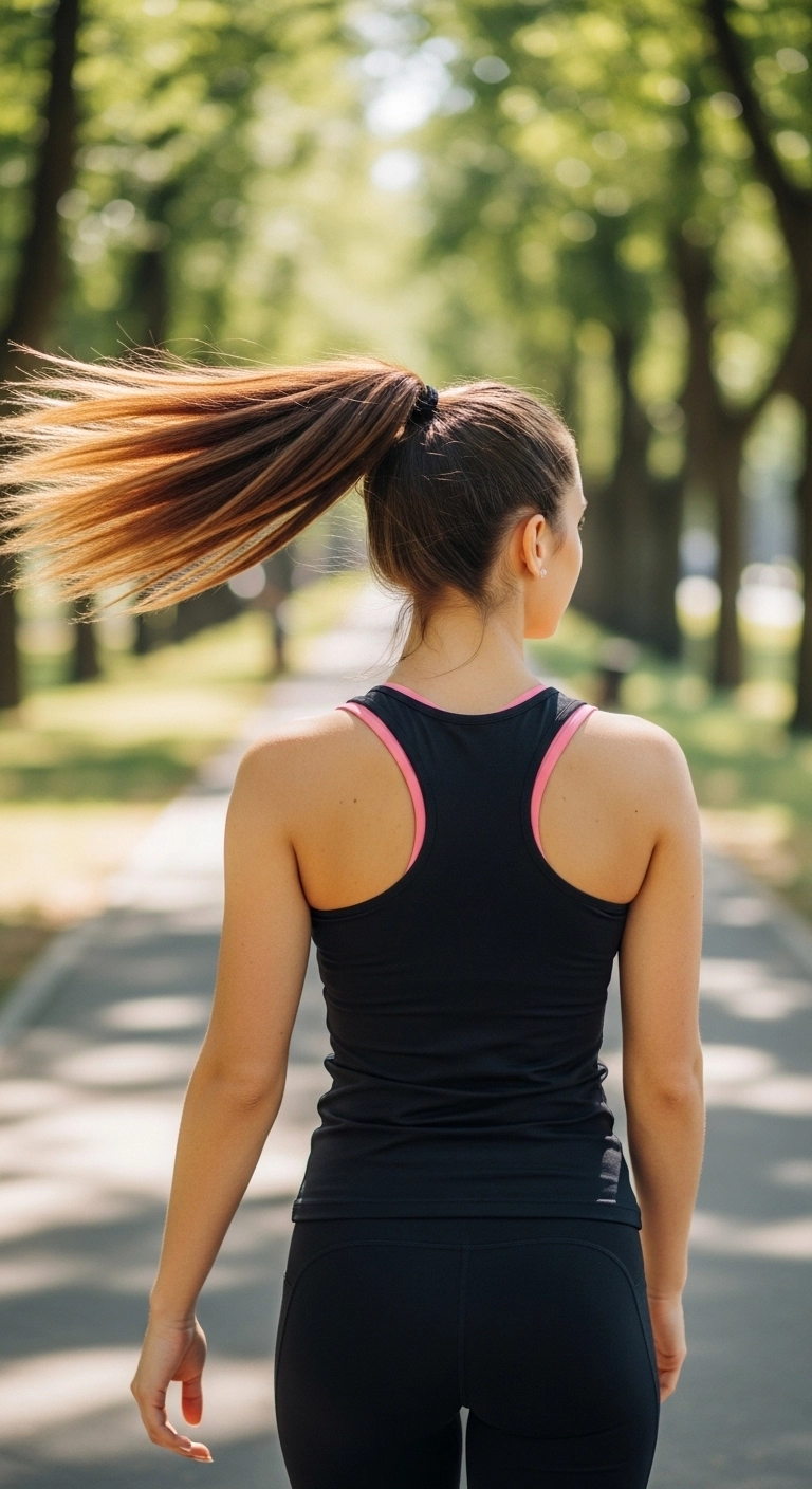 Woman with a high ponytail hairstyle walking in a park showing cute summer hairstyles.