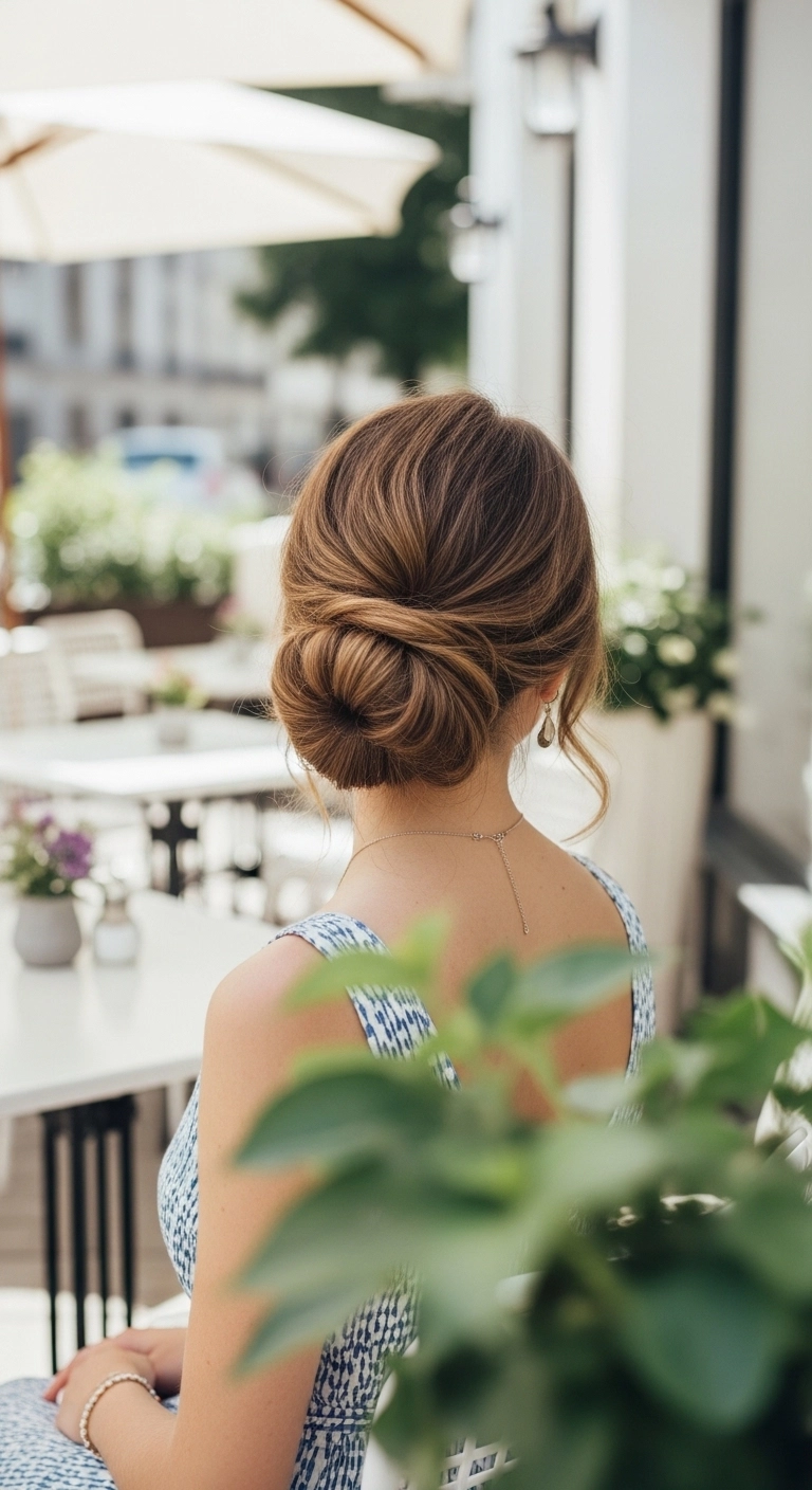 Woman with a low loose bun showing a cute summer hairstyles look outdoors on a sunny day.