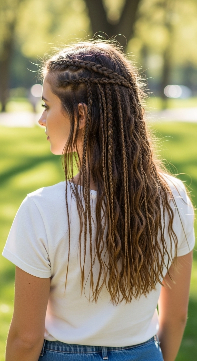 Mini braids hairstyle example showing cute summer hairstyles outdoors.