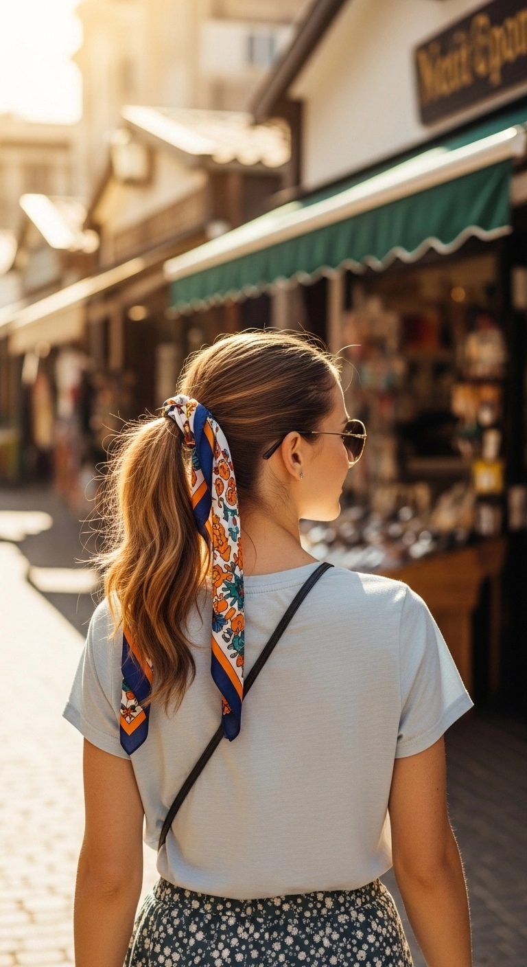 Woman with scarf ponytail hairstyle showing cute summer hairstyles on a sunny day.