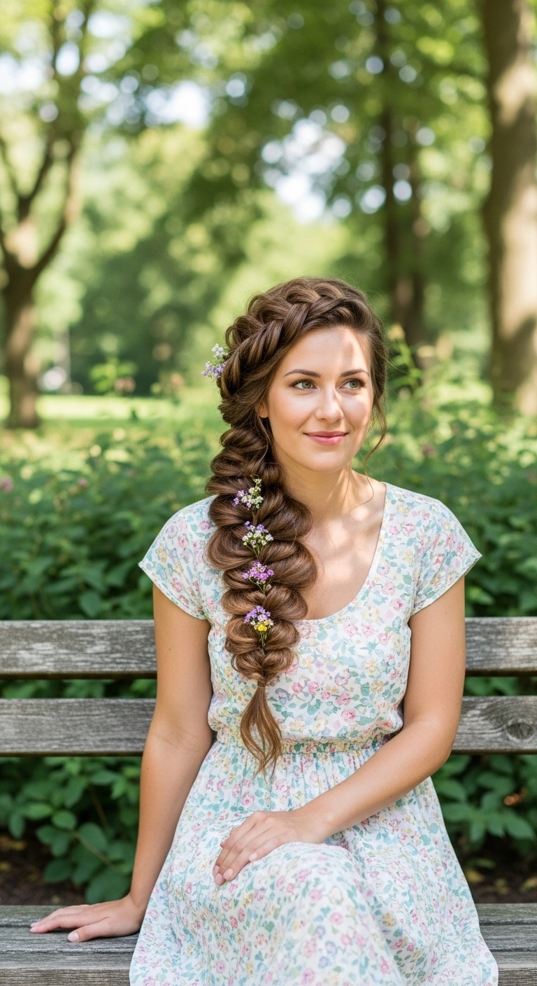 Woman with a side braid hairstyle showing cute summer hairstyles outdoors.