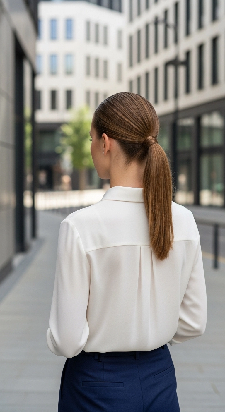 Sleek low ponytail hairstyle showing cute summer hairstyles in a city setting.