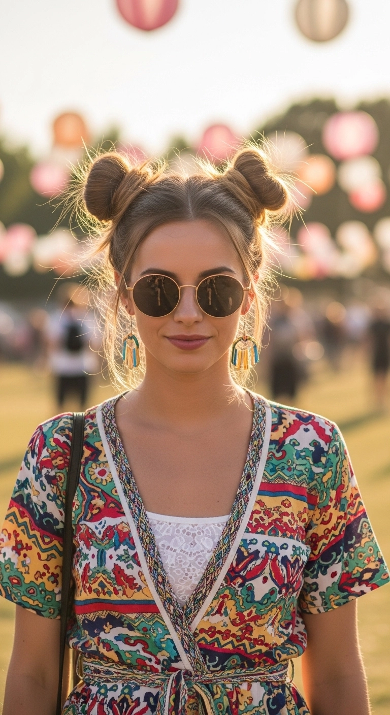 Woman with space buns hairstyle at a festival showing cute summer hairstyles.