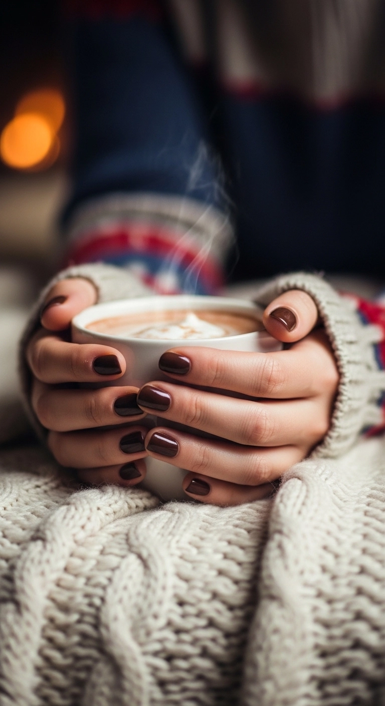 Dark chocolate brown short nails winter look