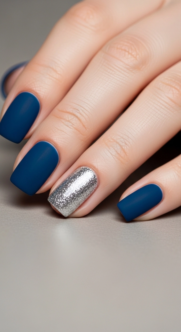 Deep Blue Matte Accent Nails