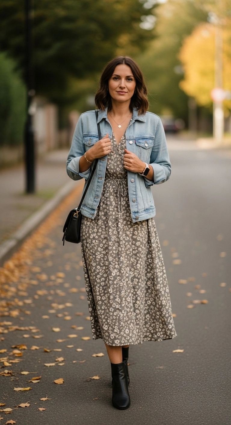 Woman wearing denim jacket with floral midi dress as early fall outfits for women in autumn 2026