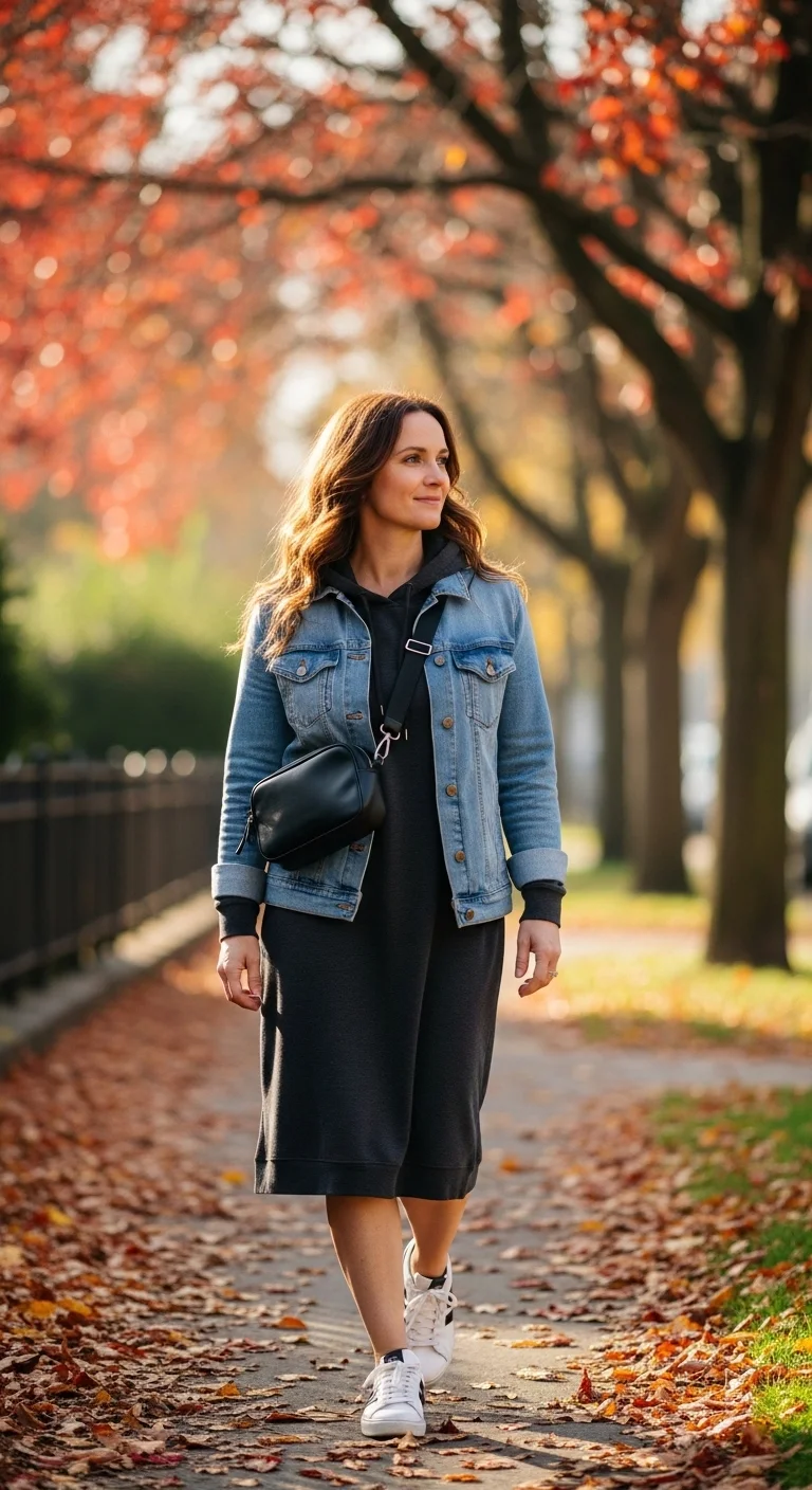 Denim jacket with hoodie dress casual fall outfits for women in autumn 2025