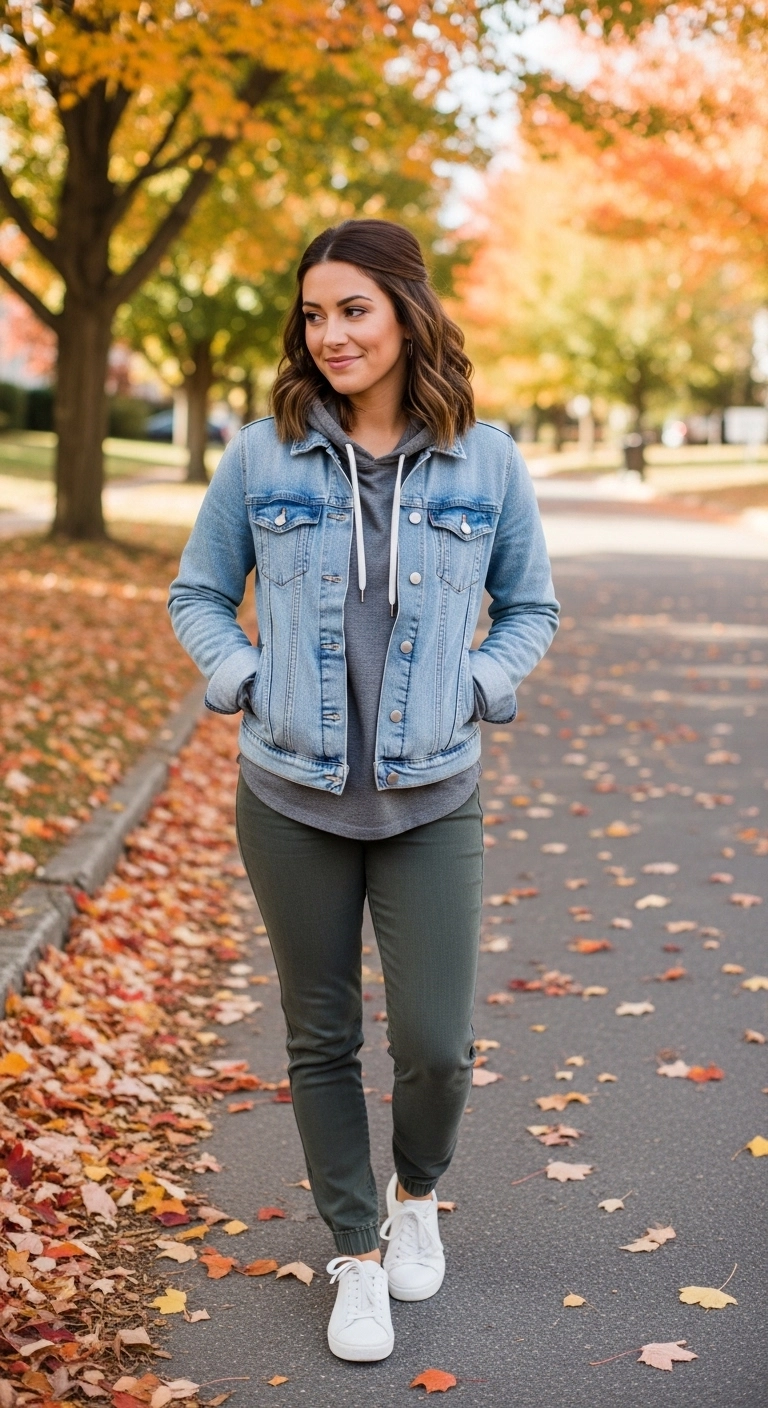 Denim jacket layered over hoodie for warm fall outfits for women in autumn 2026