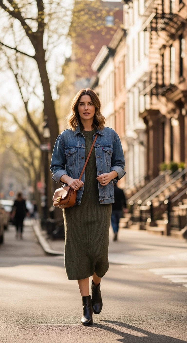Warm spring outfits for women 2026 with denim jacket, knit dress, and ankle boots