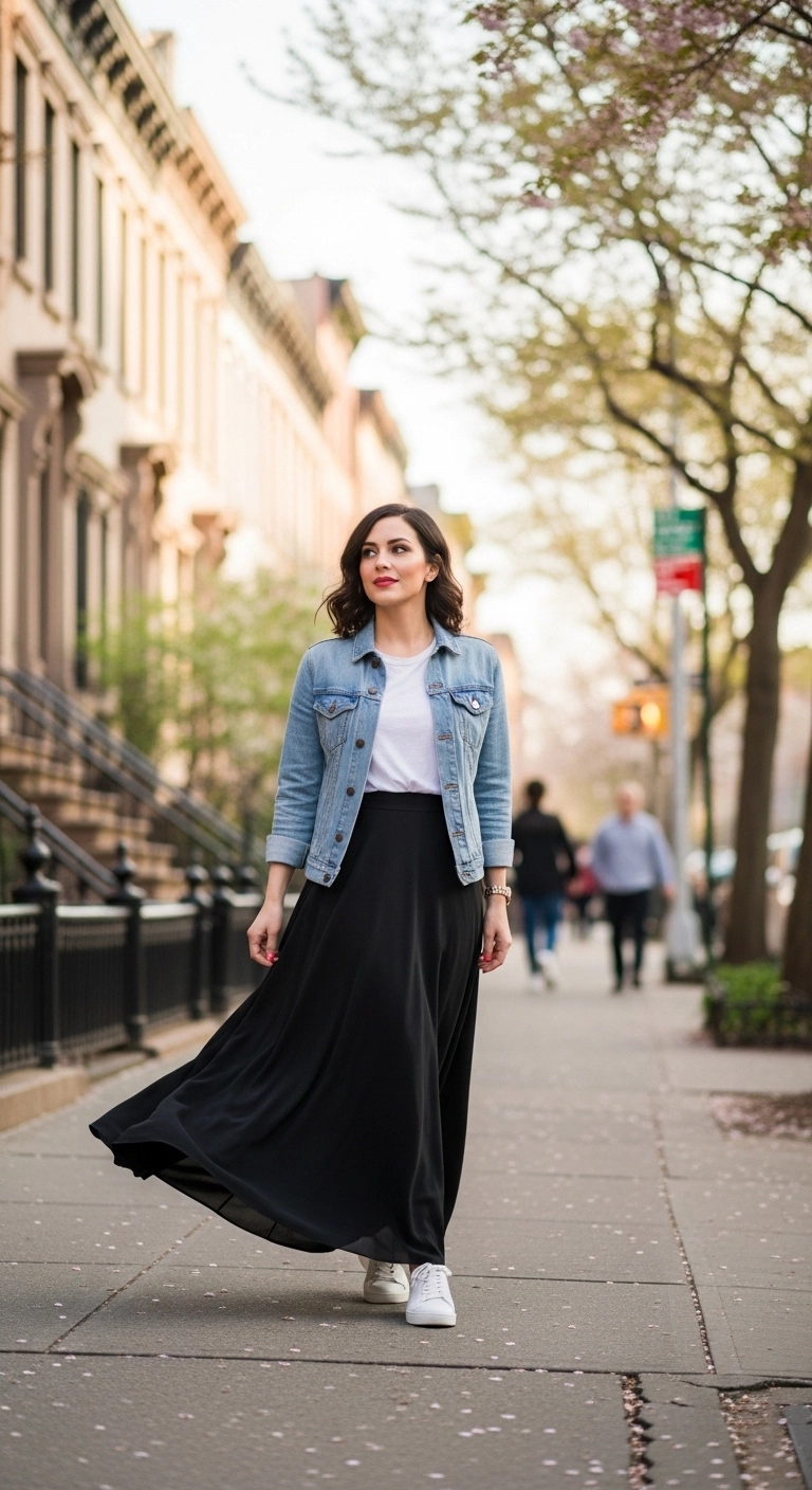 NYC spring outfits 2026 with denim jacket white tee and black maxi skirt