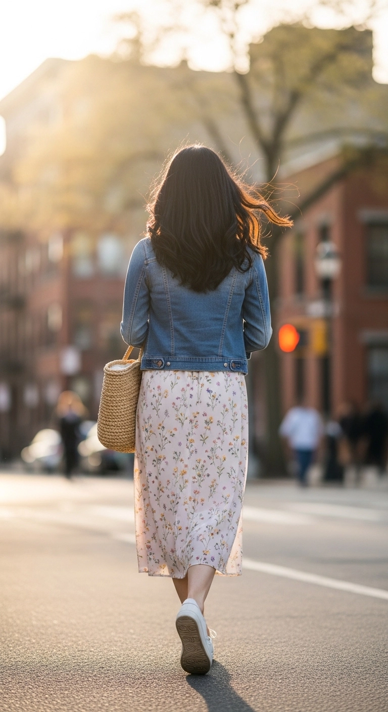 cute spring outfit ideas 2026 denim jacket with midi dress layered spring look