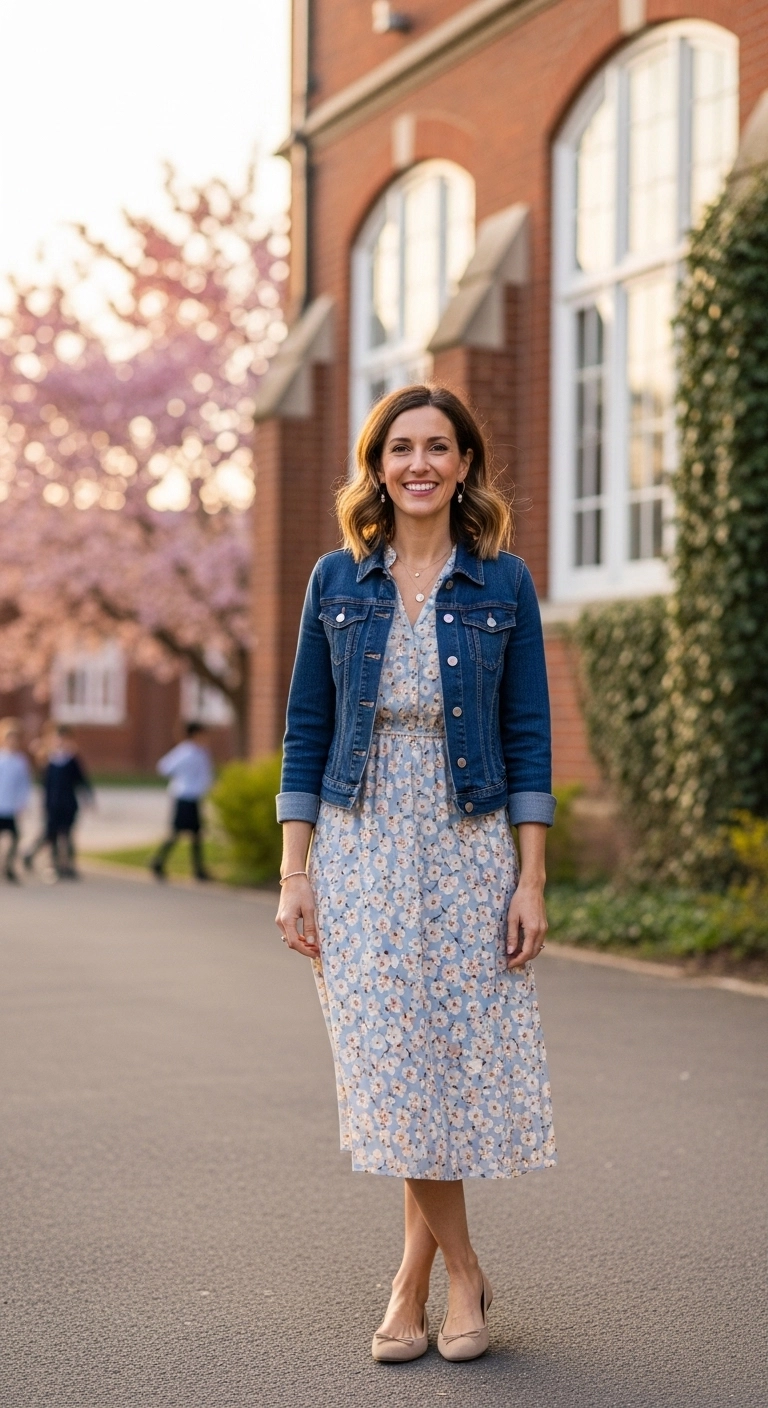 Spring teacher outfits 2026 with denim jacket midi dress and ballet flats