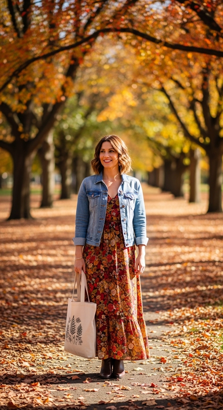 Woman wearing a denim jacket over a floral maxi dress for a fall 2025 outfit.