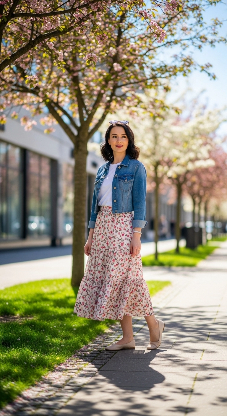 Spring outfits with skirts 2026 with cropped denim jacket and tiered skirt