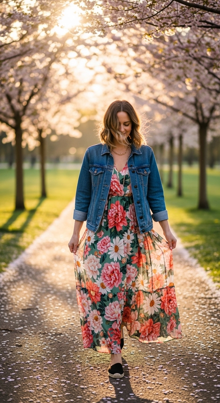 Denim jacket layered over floral maxi dress, aesthetic spring outfit ideas for women 2026