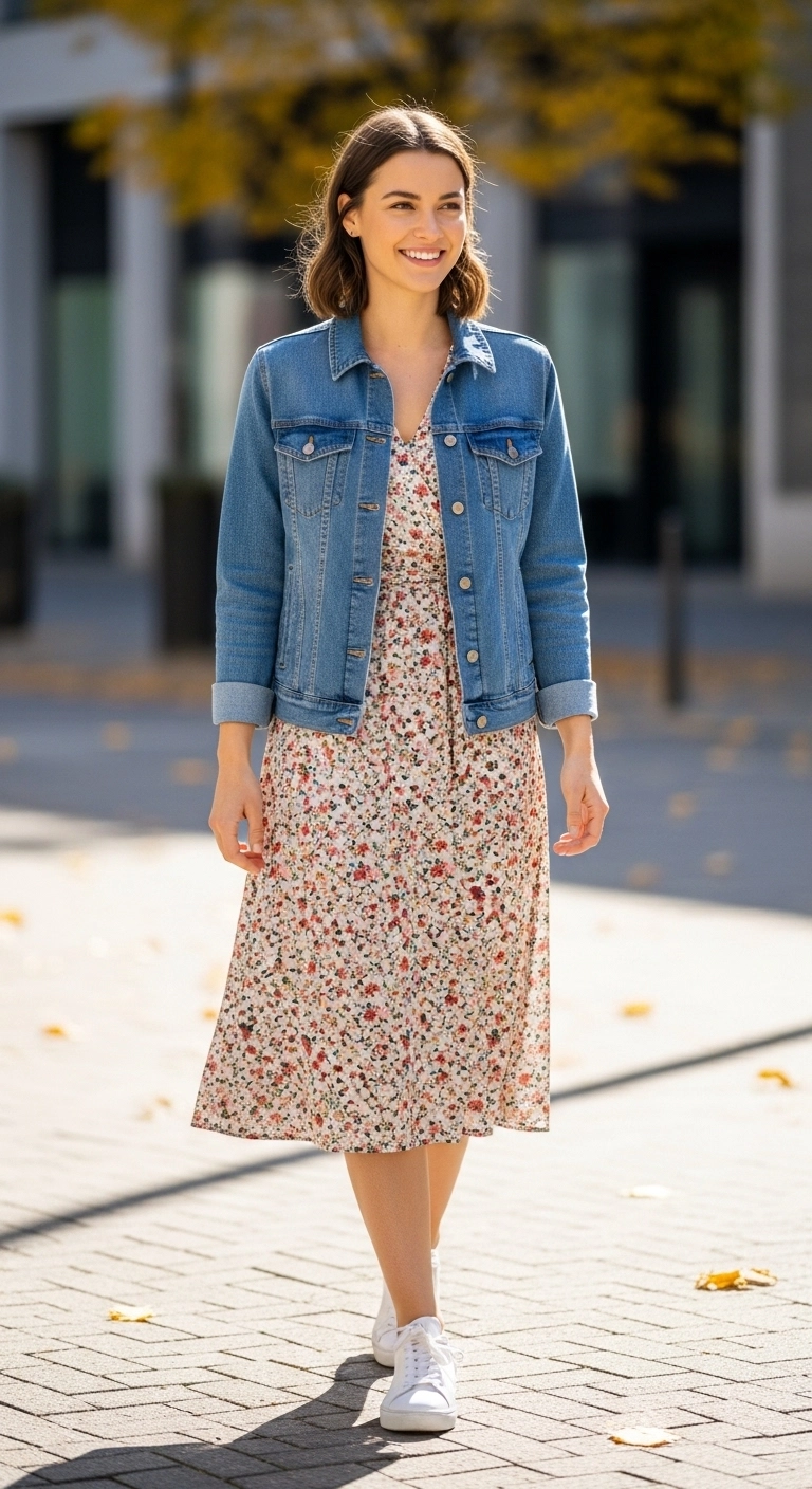Woman in a denim jacket and floral midi dress wearing white sneakers for summer to fall transition outfits for women in 2025.