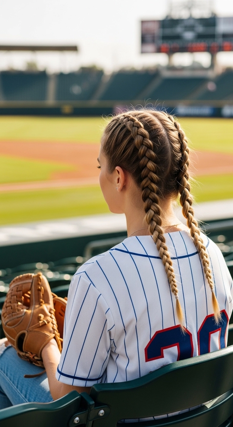 Woman wearing double Dutch braids at a baseball stadium showing sporty baseball game hairstyles.