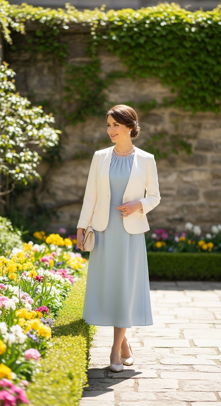 Modest spring outfits 2026 with simple midi dress and collarless jacket
