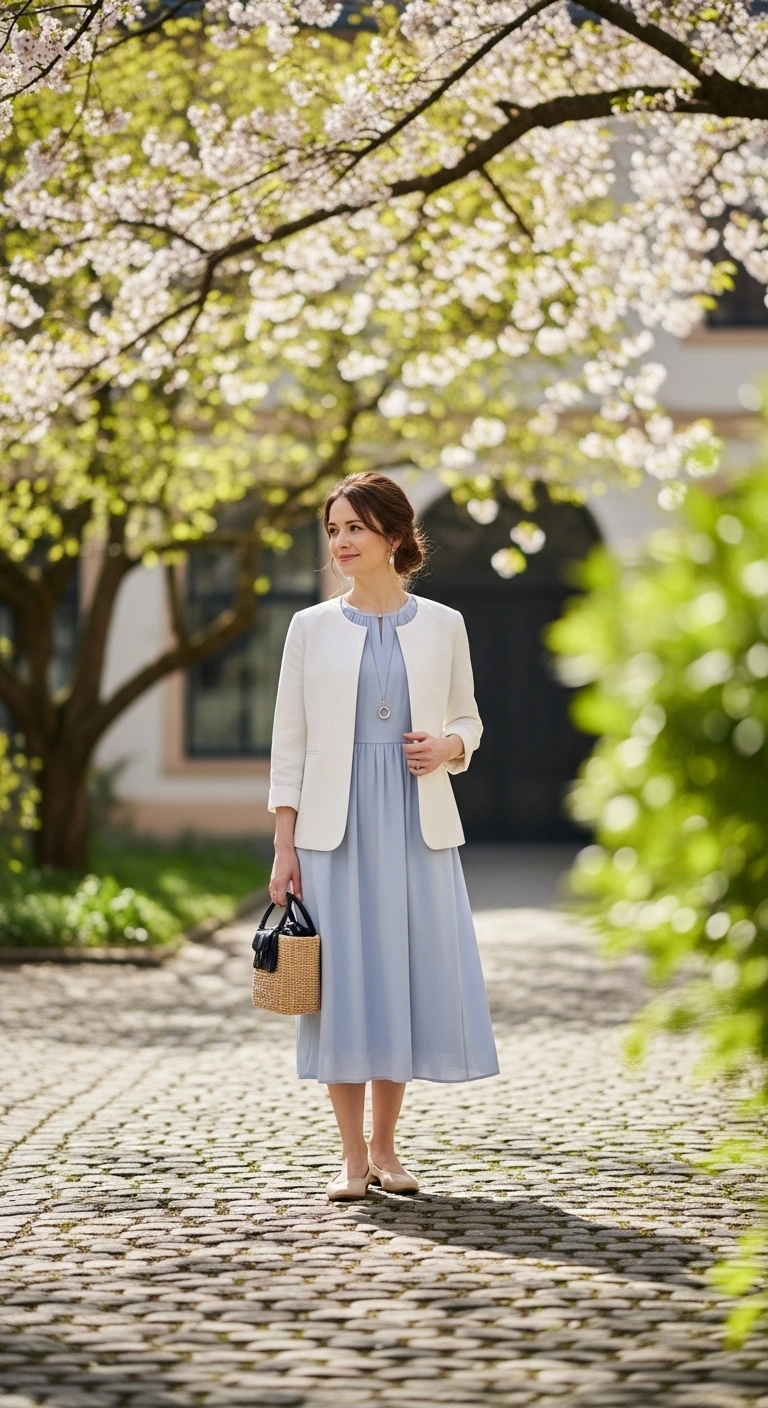 Comfy spring outfits 2026 with simple dress and collarless jacket