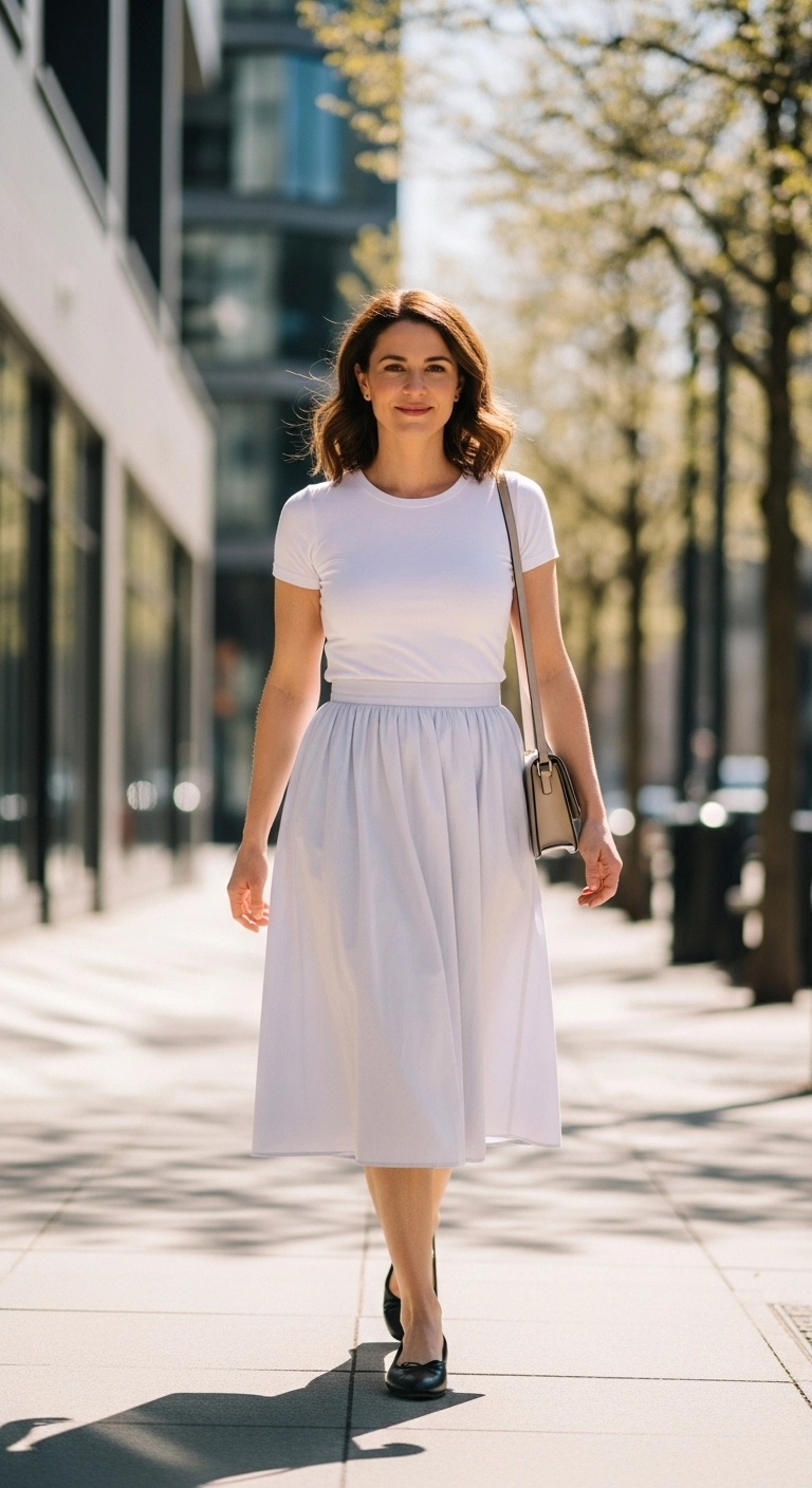 Spring outfits with skirts 2026 with drop-waist skirt and fitted tee
