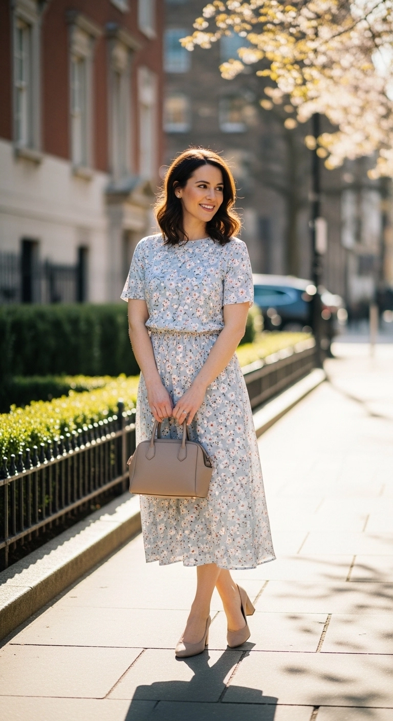Modest spring outfits 2026 with easy dress and practical low heels