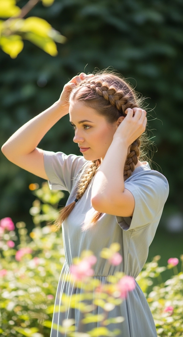 Woman creating a messy bun as an easy summer hairstyle in a bright bedroom