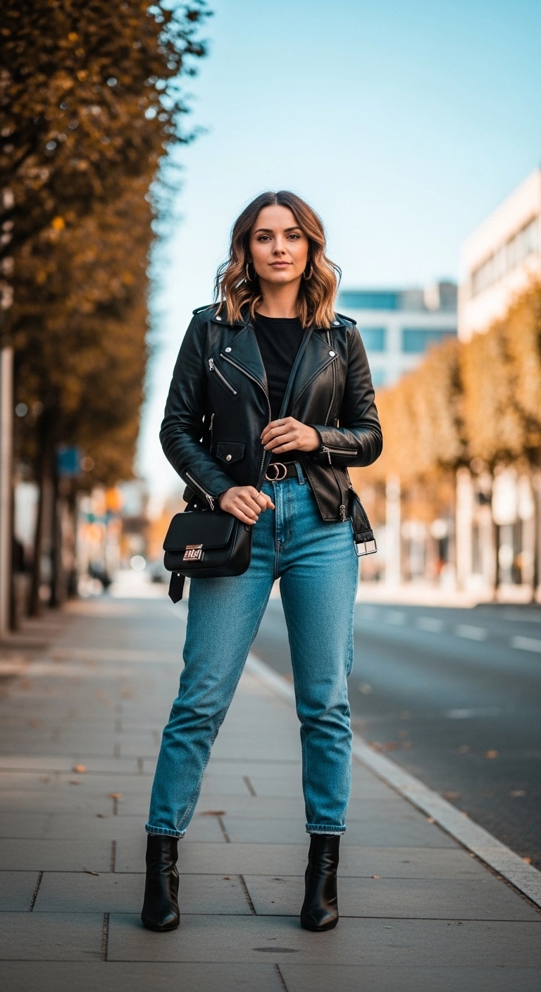Leather jacket and mom jeans styled as early fall outfits for women in autumn 2026