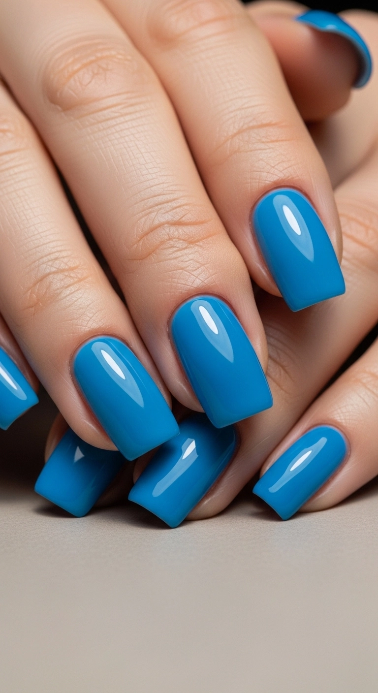 Hand with bold electric blue summer nails