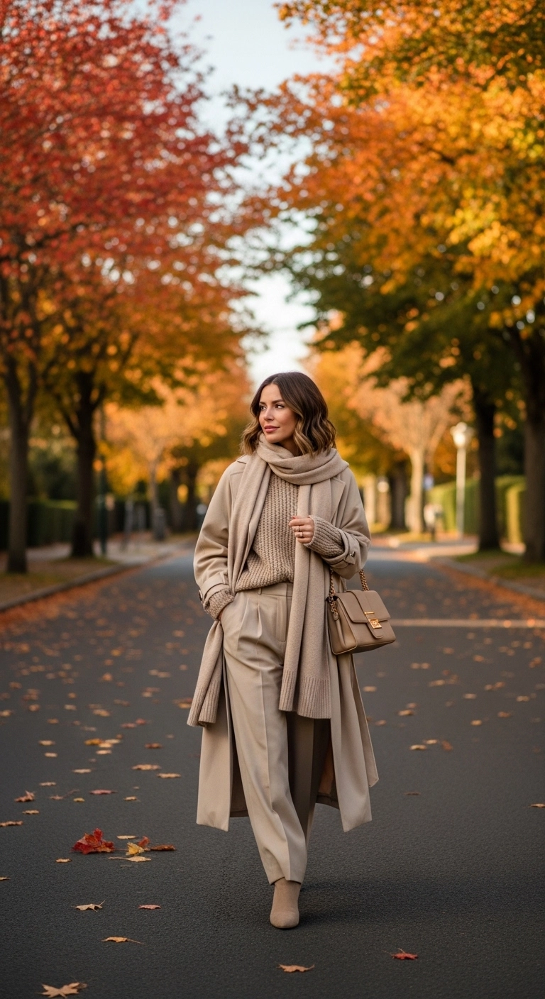 Cozy fall outfits to dress up in autumn 2026 with monochrome neutral outfit