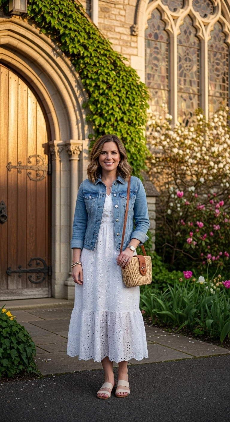 Spring church outfits 2026 with eyelet dress and denim jacket