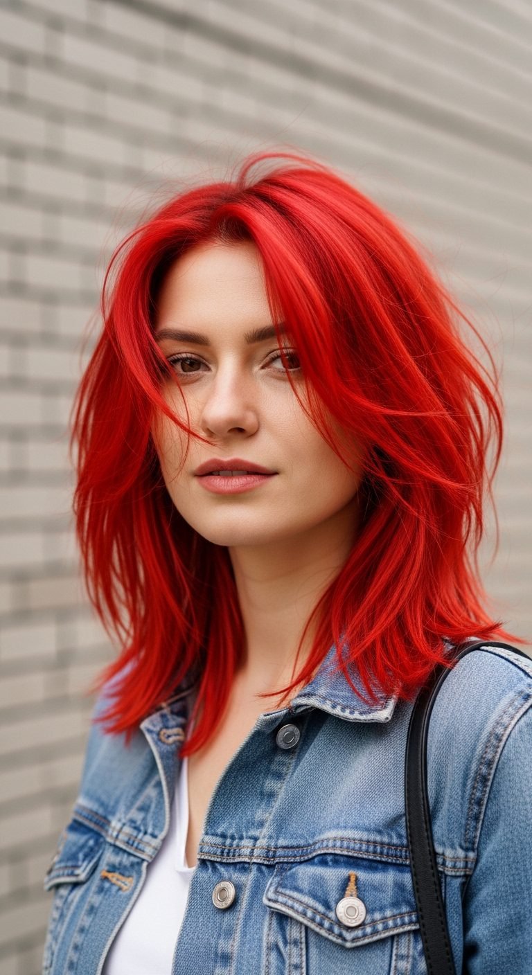 Woman with bold fire red hairstyle representing vibrant Red Hair Color Ideas.