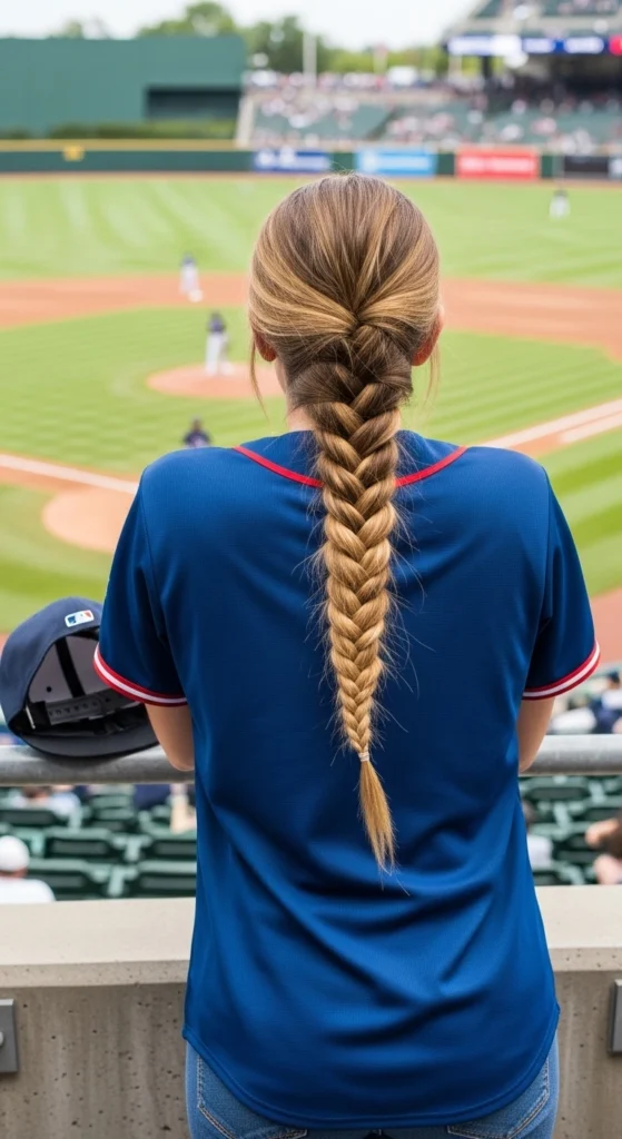 Woman with fishtail braid hairstyle at baseball stadium representing baseball game hairstyles.