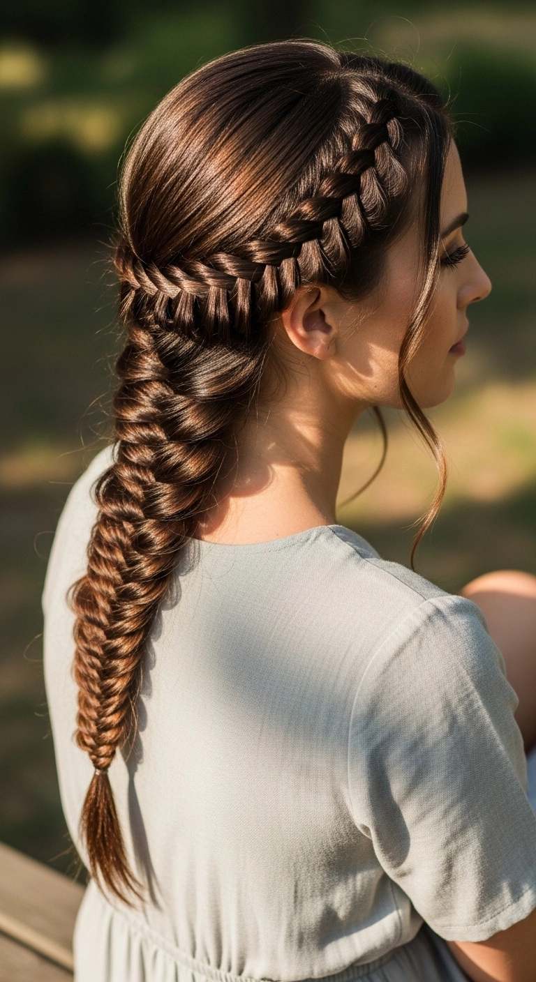 Medium hair fishtail braid hairstyle, stylish and textured summer look