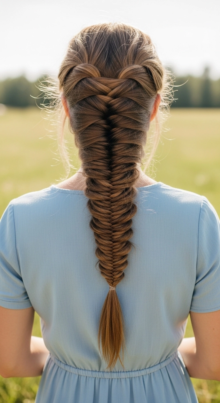 Woman with a detailed fishtail braid hairstyle, a stylish summer hairstyle for long hair.
