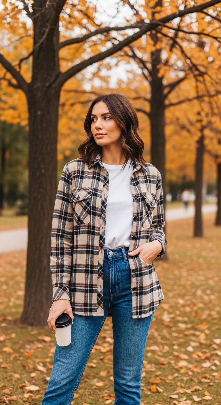 Flannel shirt with basic tee and jeans casual fall outfits for women in autumn 2025