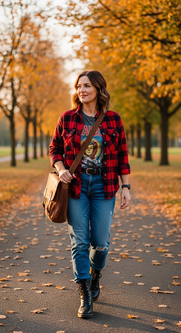 Cozy fall outfits to dress up in autumn 2026 featuring flannel shirt and jeans