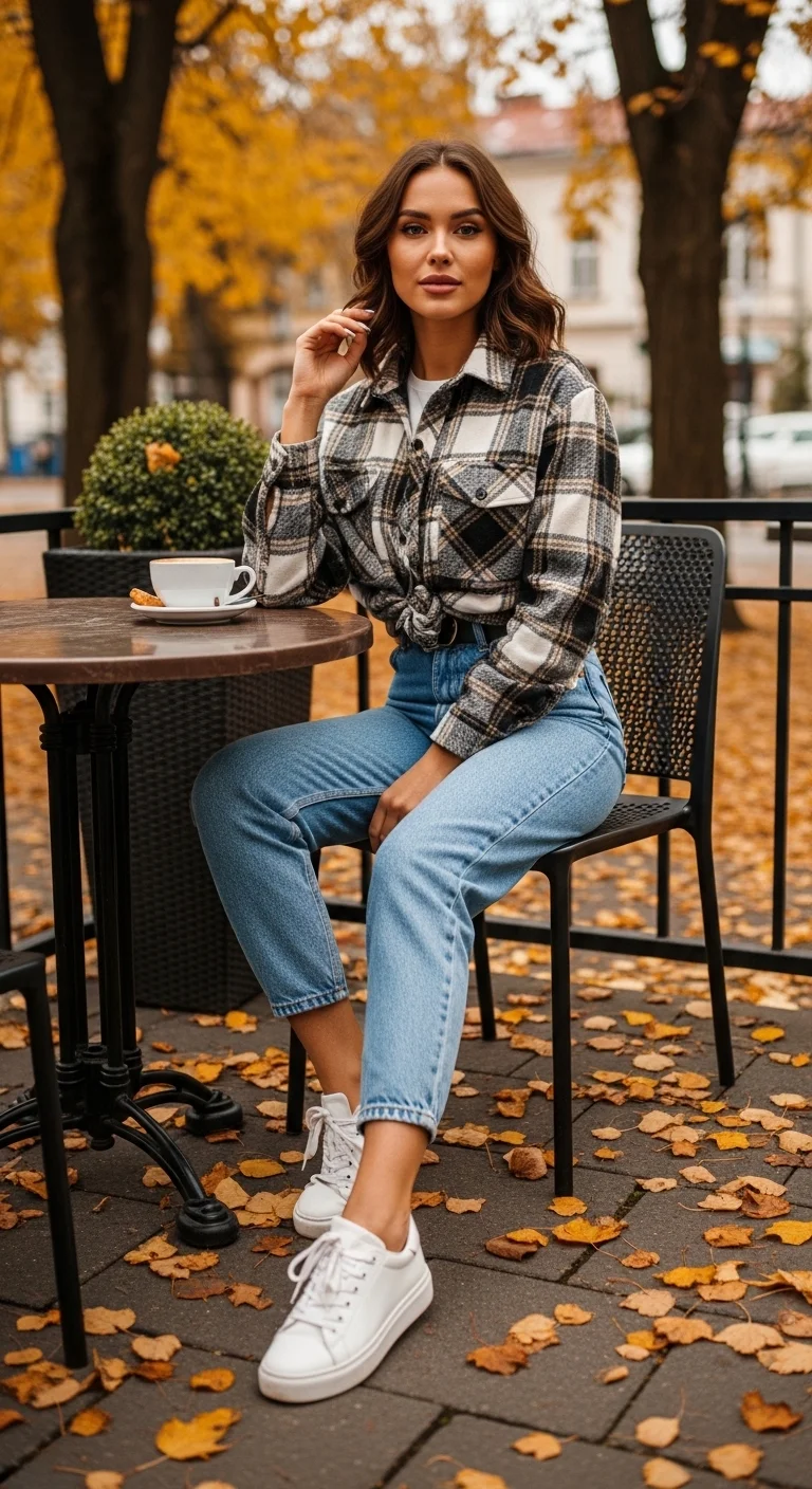 Casual flannel shirt and mom jeans outfit for warm fall outfits for women in autumn 2026