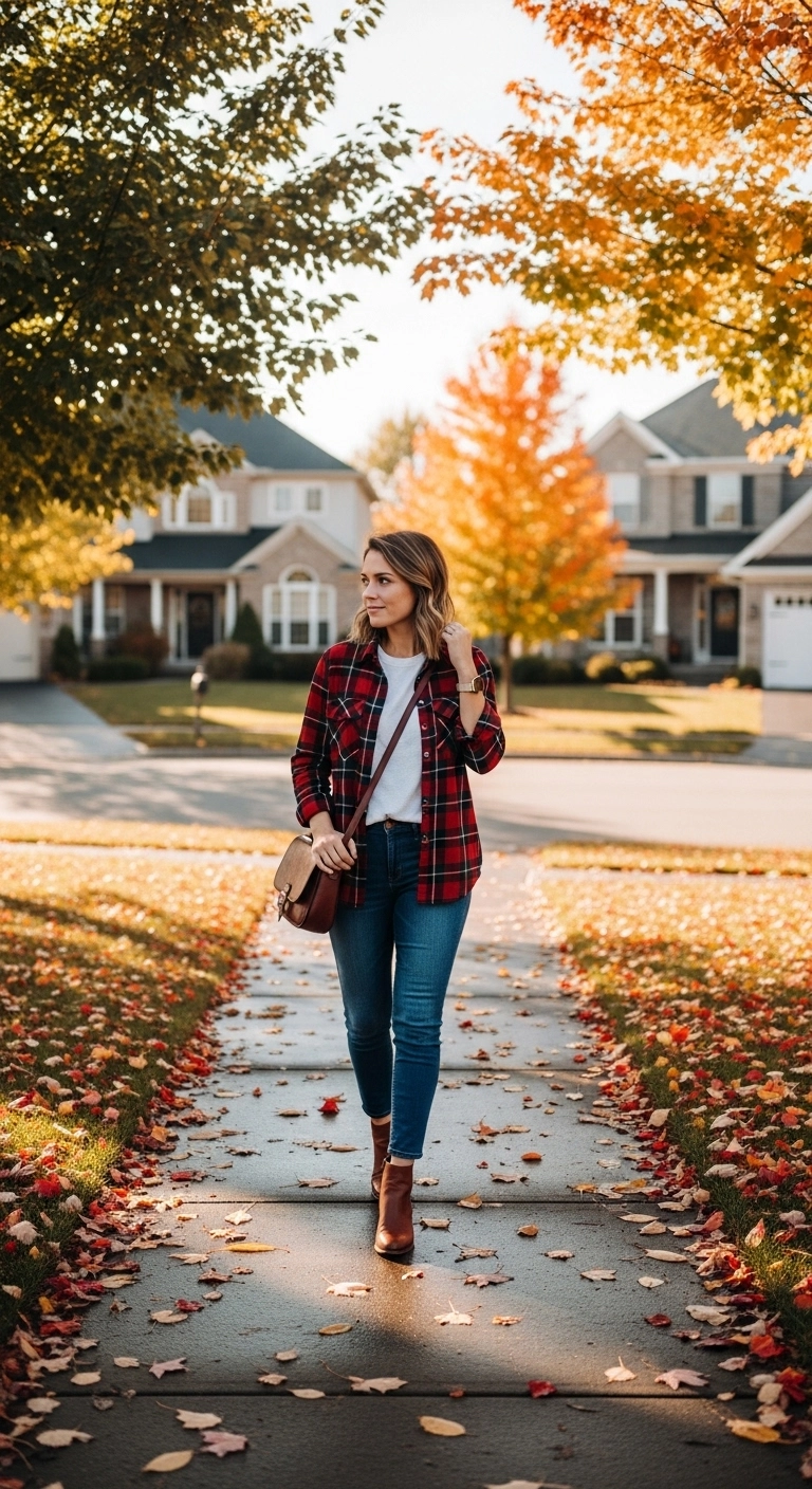 Woman wearing a red plaid flannel shirt and skinny jeans for a casual autumn 2025 outfit.