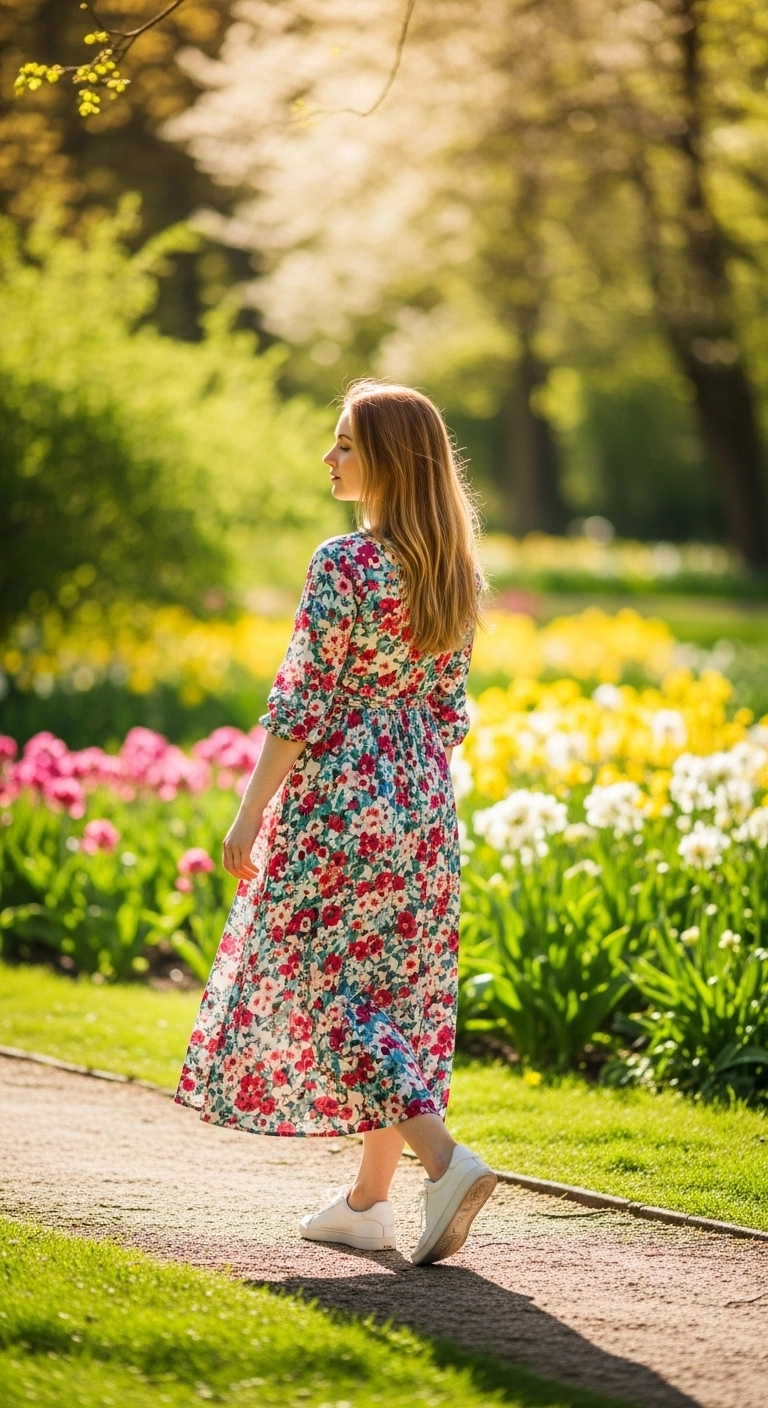 cute spring outfit ideas 2026 floral dress with white sneakers in sunny park
