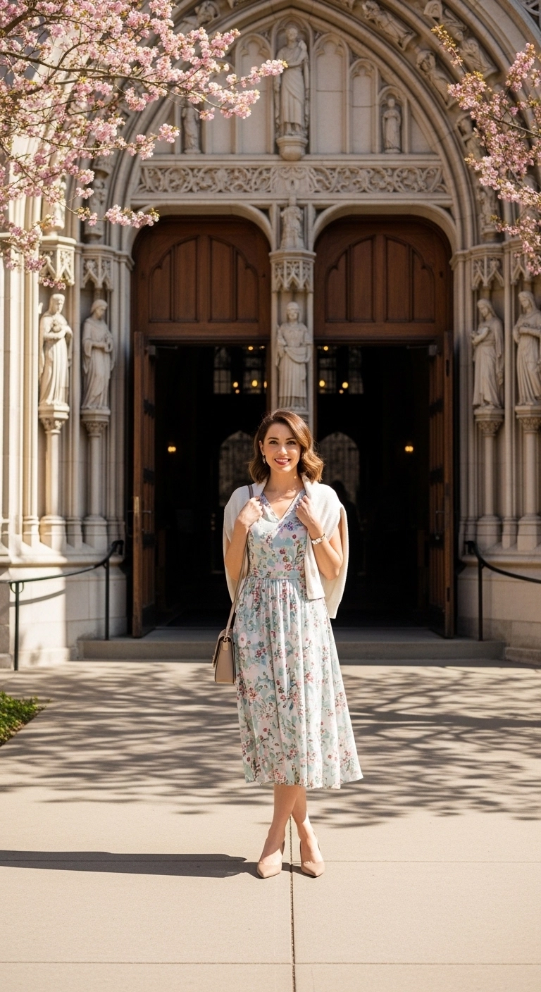 Spring church outfits 2026 with floral midi dress and lightweight cardigan