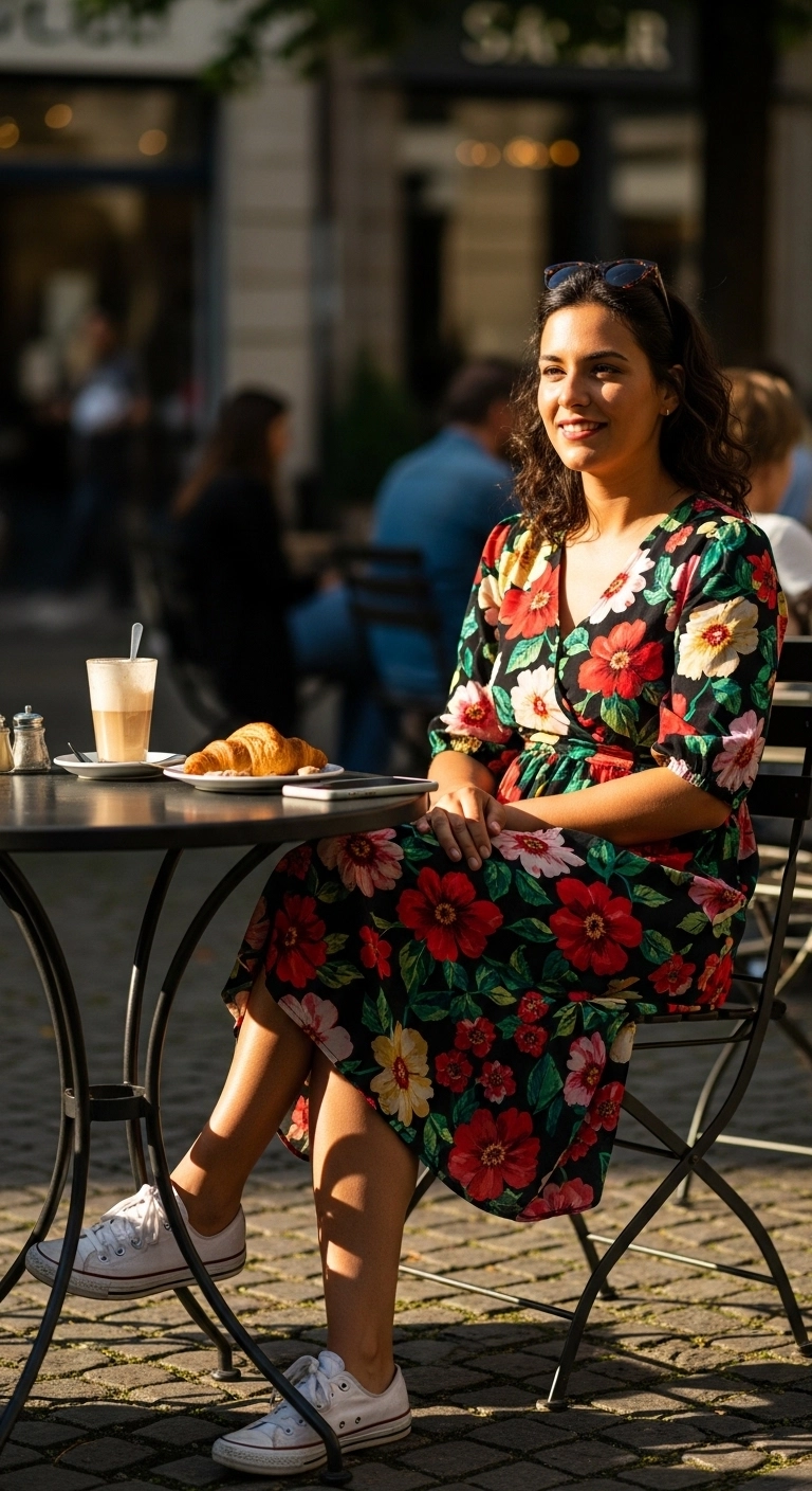 Floral midi dress with white sneakers casual spring outfit 2026