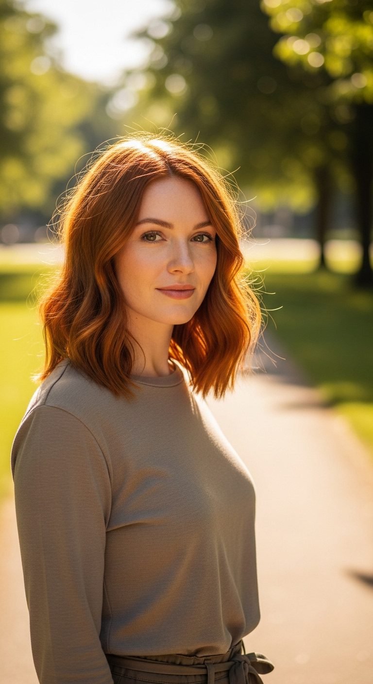Woman with natural ginger red hairstyle representing classic Red Hair Color Ideas.